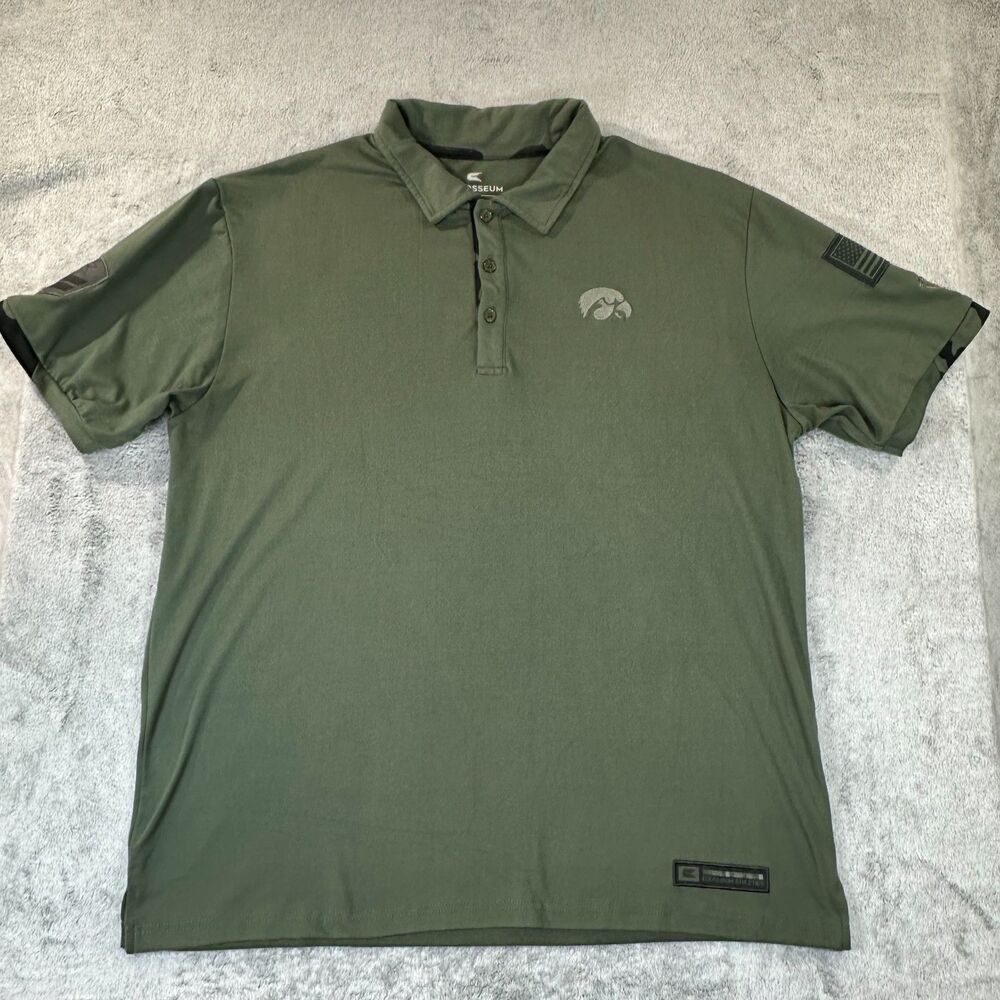 Colosseum Iowa Hawkeyes Polo Shirt Men’s XL Green Camo Trim USA Flag Patch